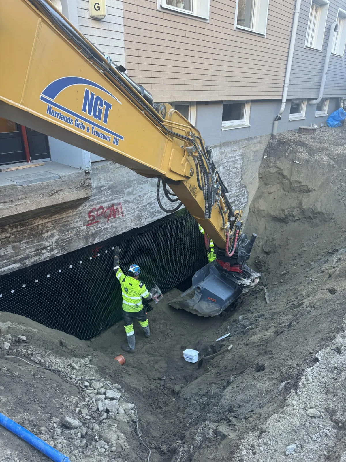 Husdränering — fuktskydd av grundmur, kvarteret Huggaren